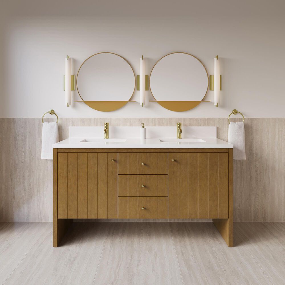James Martin Hudson 60" Double Bathroom Vanity in Honey Oak with Single Hole 3 cm White Zeus Silestone Top and Rectangular Sinks, , large