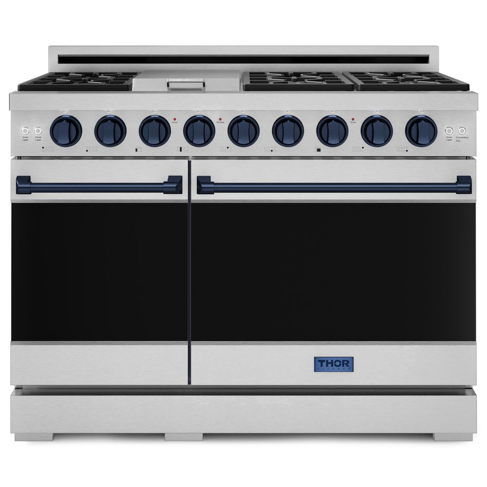 THOR KITCHEN Gordon Ramsay 6.8 Cu. Ft. 48" Professional Natural Gas Range with Navy Blue Handle Kit in Stainless Steel, , large