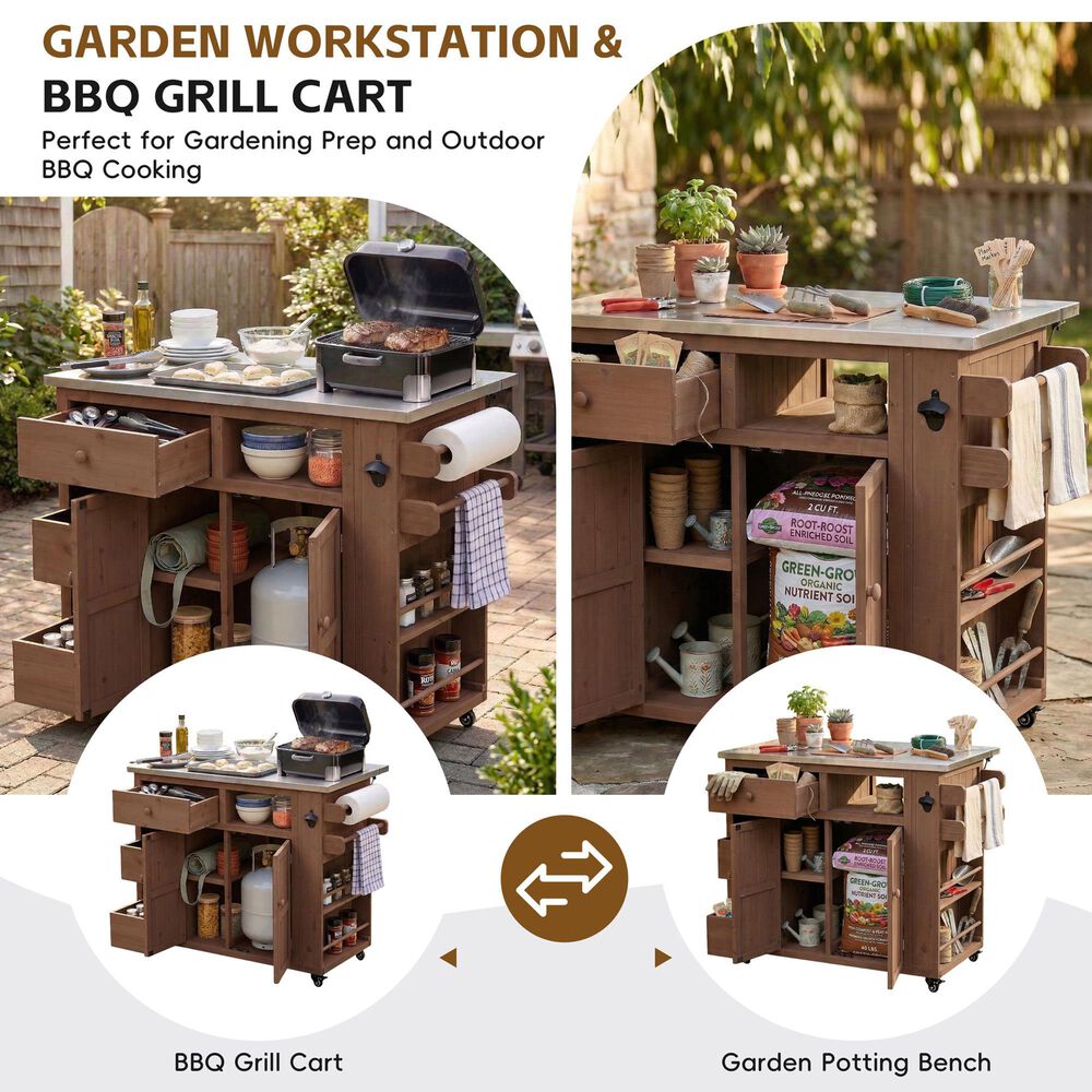 Hearth and Haven Outdoor Kitchen Island Cart with Extendable Stainless Steel Top and Adjustable Shelf in Brown, , large