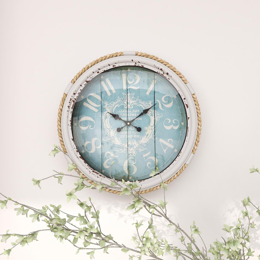 Maple and Jade 17&quot; Wall Clock in Distressed White and Blue, , large