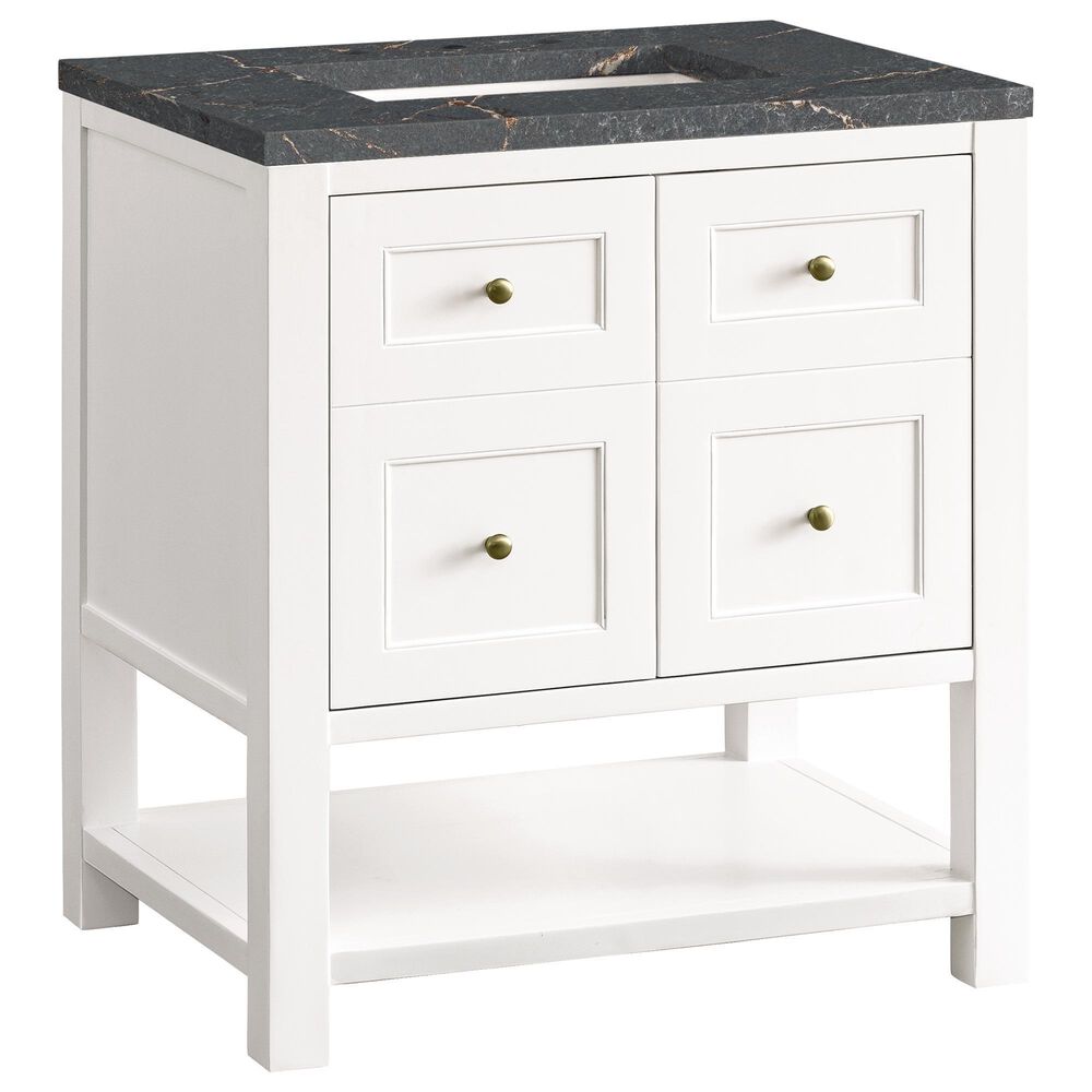 James Martin Vanities Breckenridge 30" Single Bathroom Vanity in Bright White with 3 cm Parisien Bleu Quartz Top and Rectangular Sink, , large