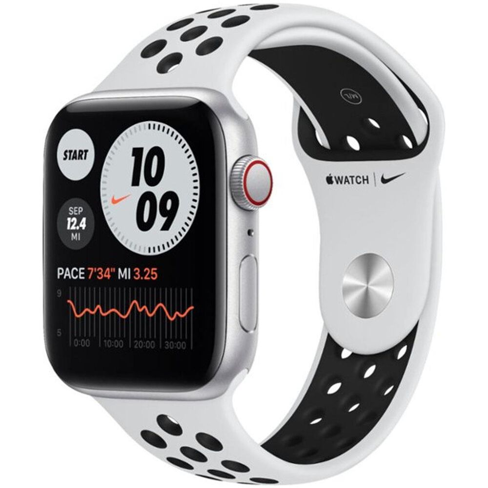 Apple Watch Nike SE GPS + Cellular, 44mm Silver Aluminum Case with Pure Platinum/Black Nike Sport Band - Regular, , large
