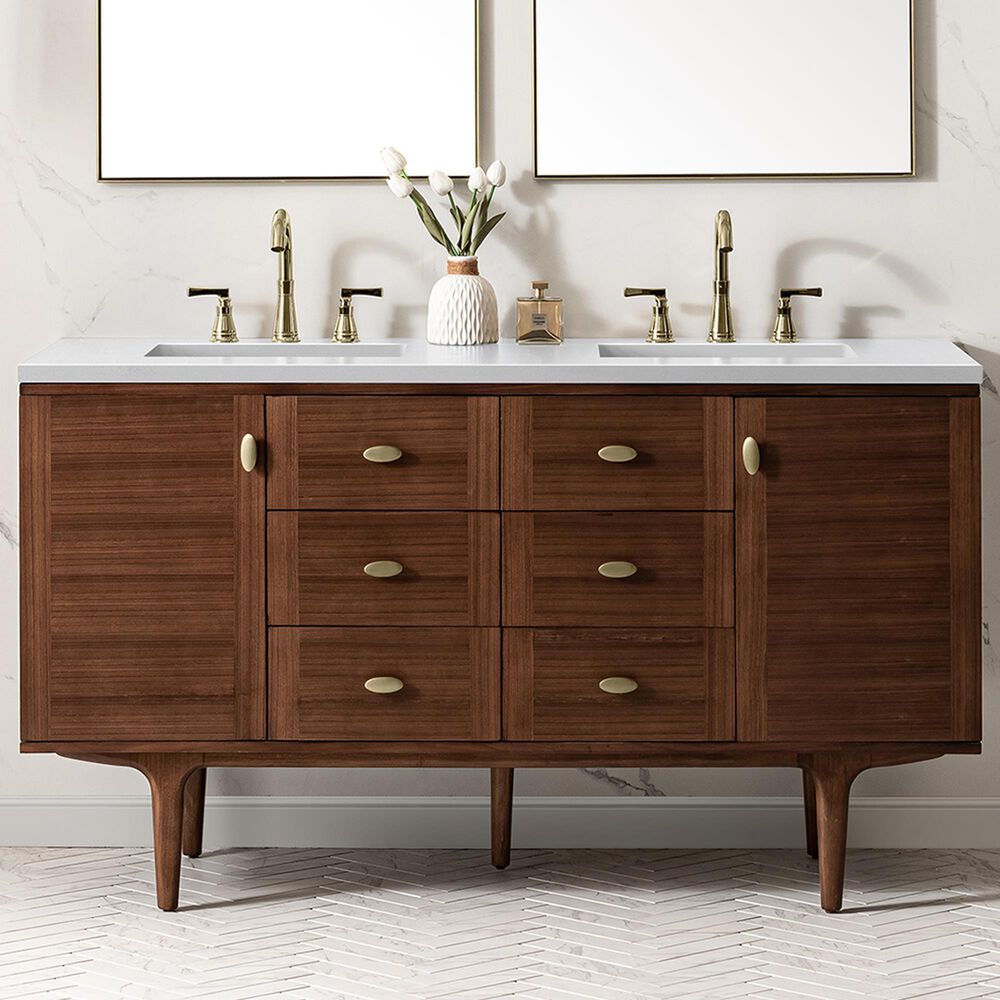 James Martin Vanities Amberly 60&quot; Double Bathroom Vanity in Walnut with 3 cm Carrara White Marble Top and Rectangular Sinks, , large