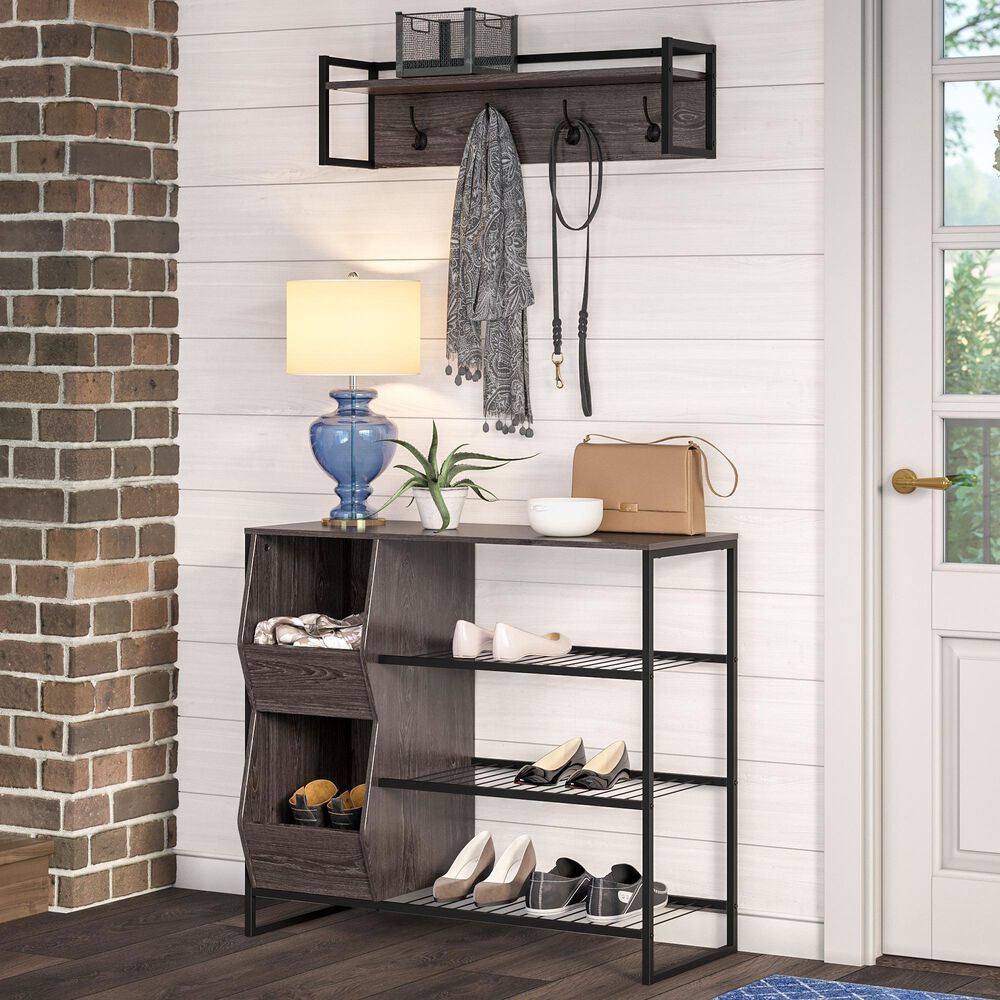 RiverRidge Home Afton 4-Hook Wall Shelf in Dark Weathered Woodgrain and Black, , large