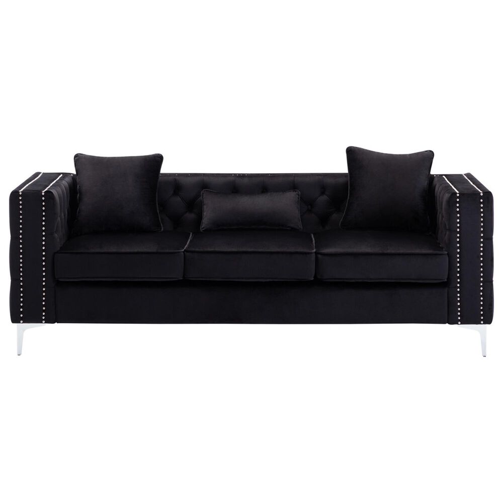 HOMLUX 86"W Velvet Sofa with Button Tufting, Nailhead Trim &amp; Chrome Legs in Black, , large