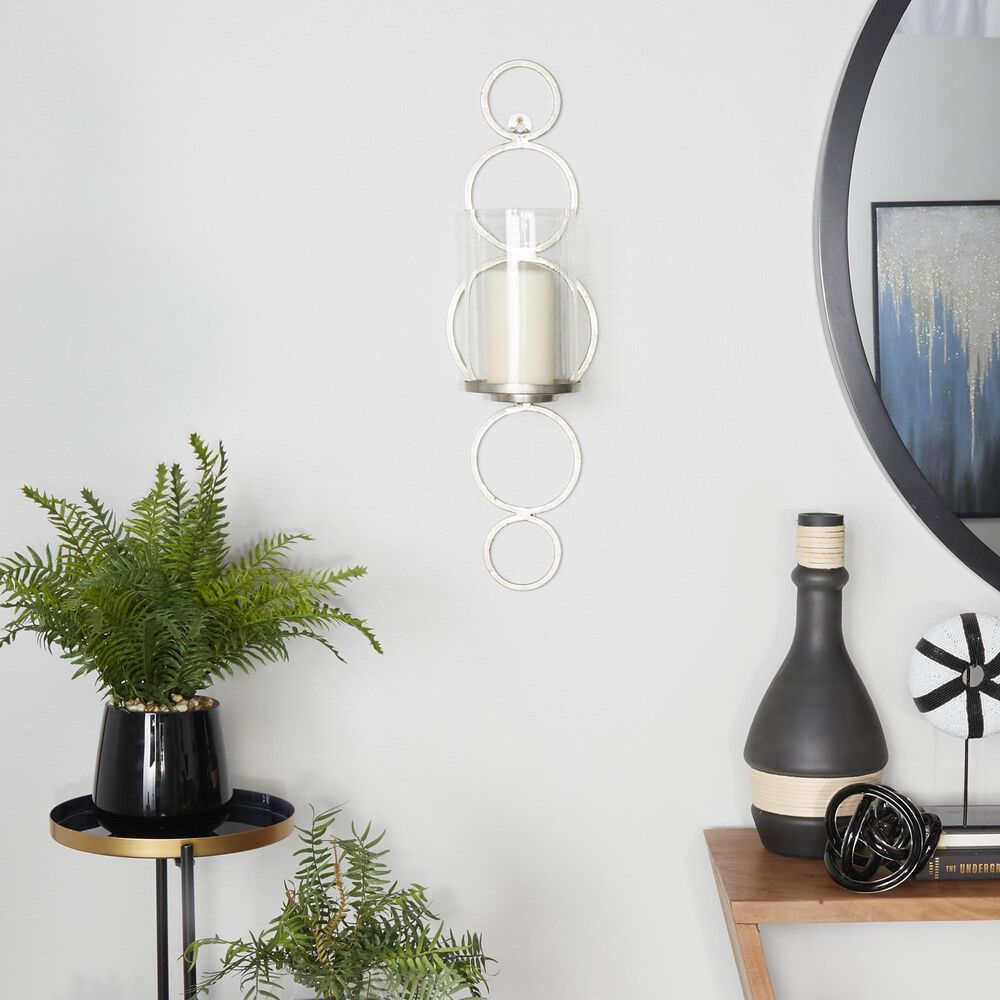 Maple and Jade 25&quot; Stacked Circle Single Indoor/Outdoor Wall Mount Candle Holder in Weathered Silver and Clear, , large