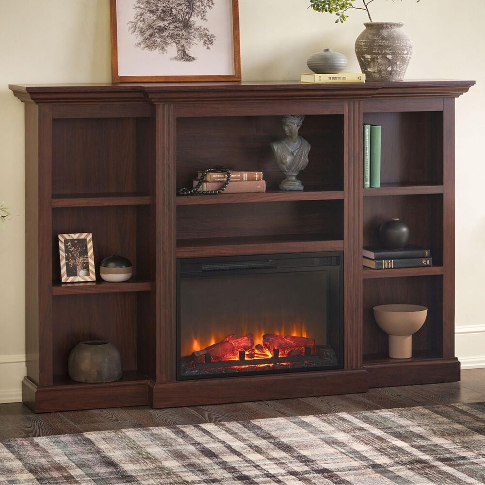 Walker Edison Cullen 70&quot; Electric Fireplace with Mantel and Shelves in Brown, , large
