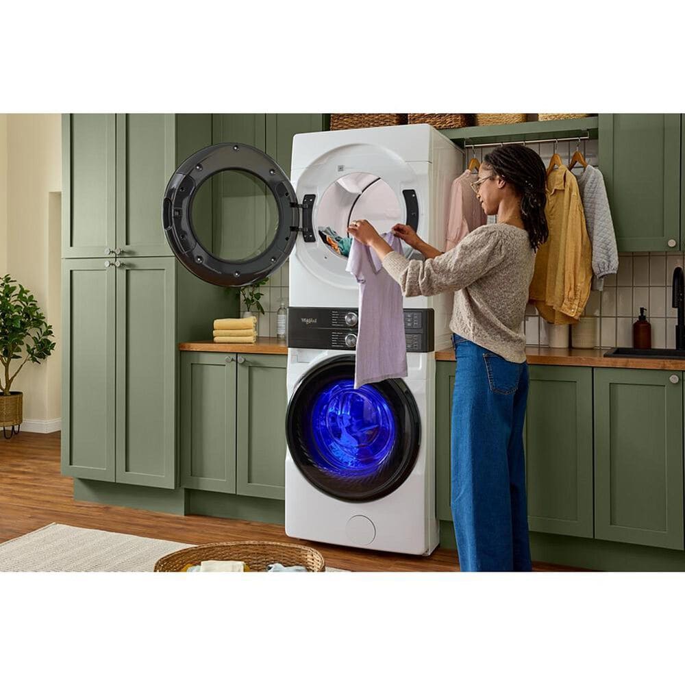 Whirlpool 4.5 Cu. Ft. Smart Front Load Washer and 7.4 Cu. Ft. Gas Dryer Stack Laundry in White, , large