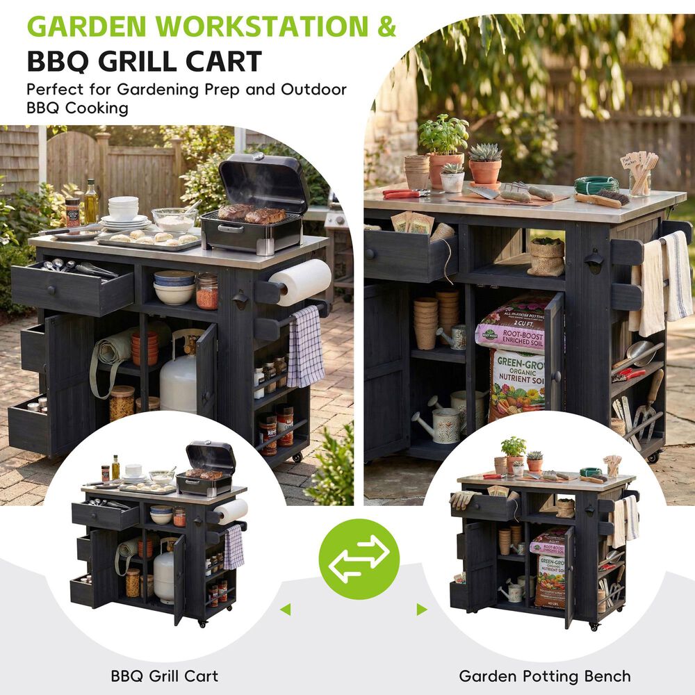 Hearth and Haven Outdoor Kitchen Island Cart with Extendable Stainless Steel Top and Adjustable Shelf in Black, , large