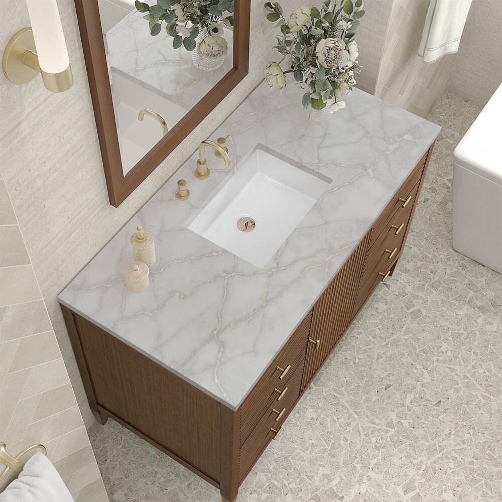 James Martin Vanities Myrrin 48&quot; Vanity in Mid-Century Walnut with 3 cm Victorian Silver Quartz Top, , large