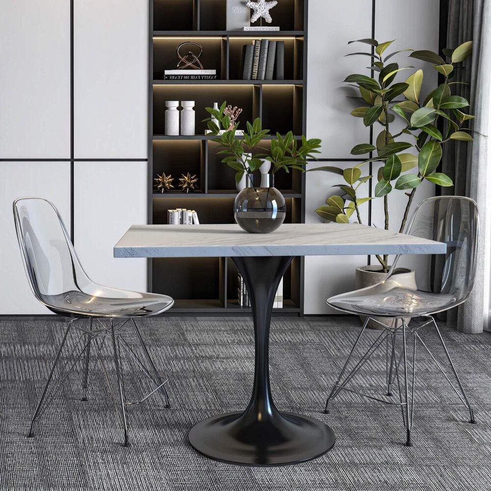 Leisuremod LeisureMod Verve Collection 36 Square Dining Table, Black Base with Laminated White Marbleized Top, , large