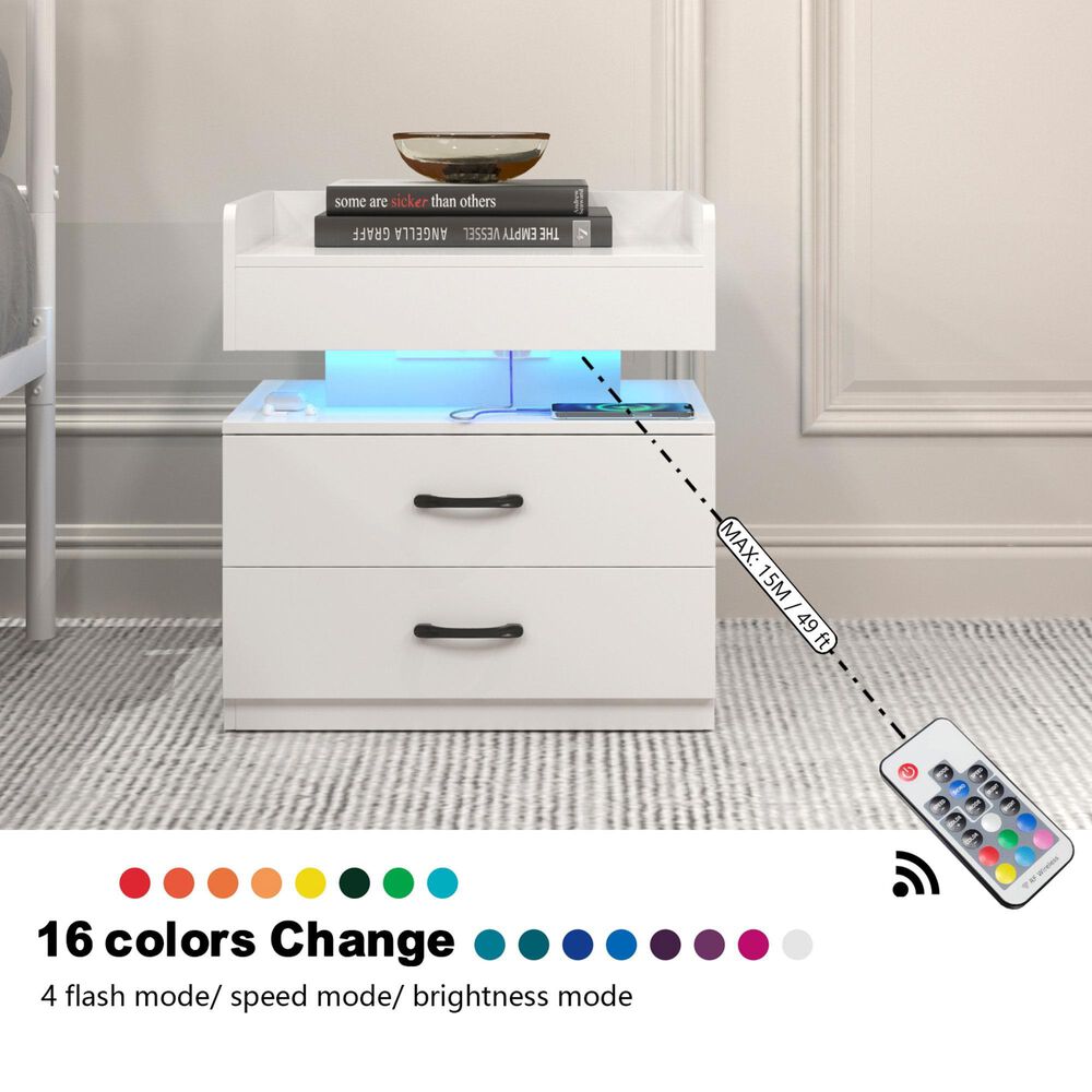 Hearth and Haven 2-Drawer Nightstand with Adjustable LED Strip Light in White, , large