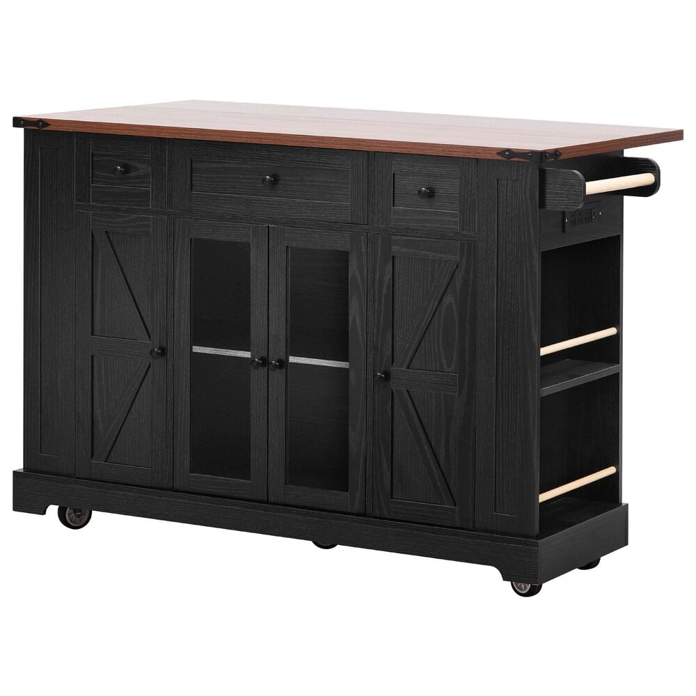 HOMLUX 53" Kitchen Island with Two Tempered Glass Cabinet Door in Black, , large