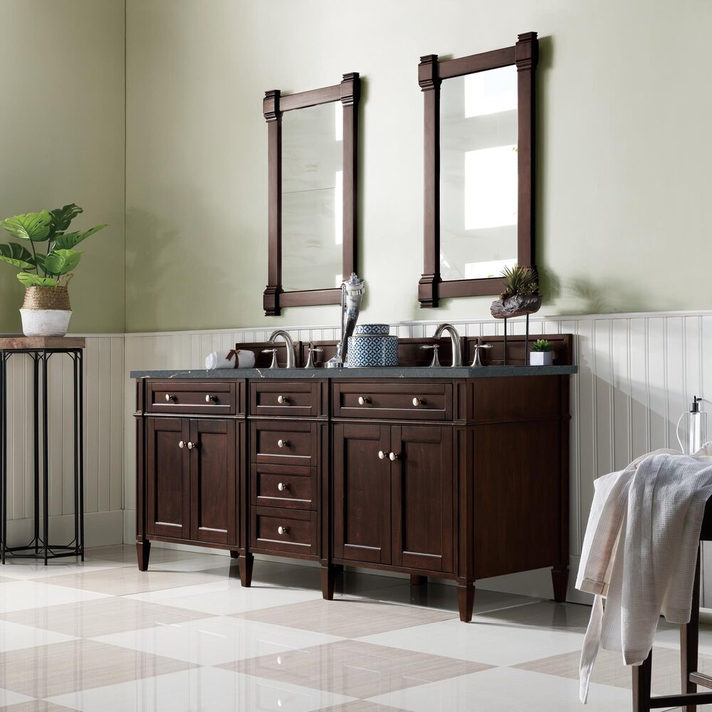 James Martin Vanities Brittany 72&quot; Double Bathroom Vanity in Burnished Mahogany with 3 cm Parisien Bleu Quartz Top and Rectangular Sinks, , large