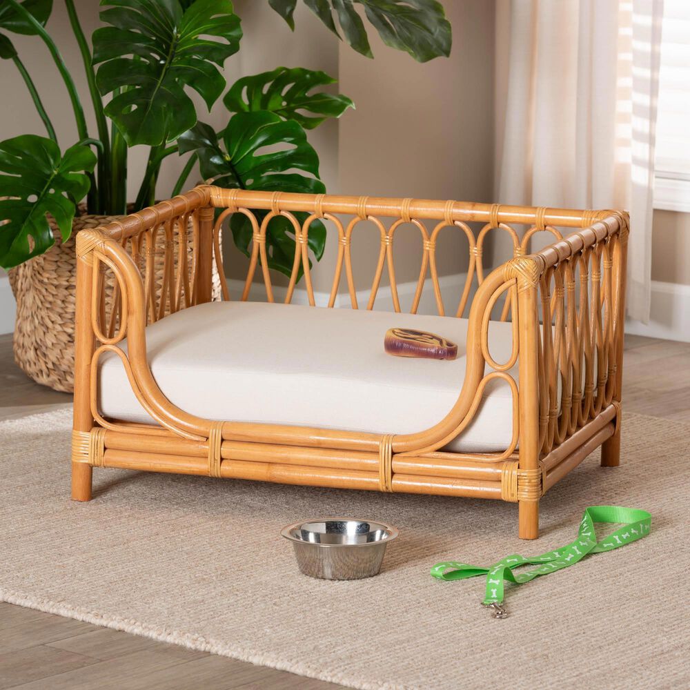 Baxton Studio Kierra Rattan Pet Bed with Removable Cushion in Honey, , large