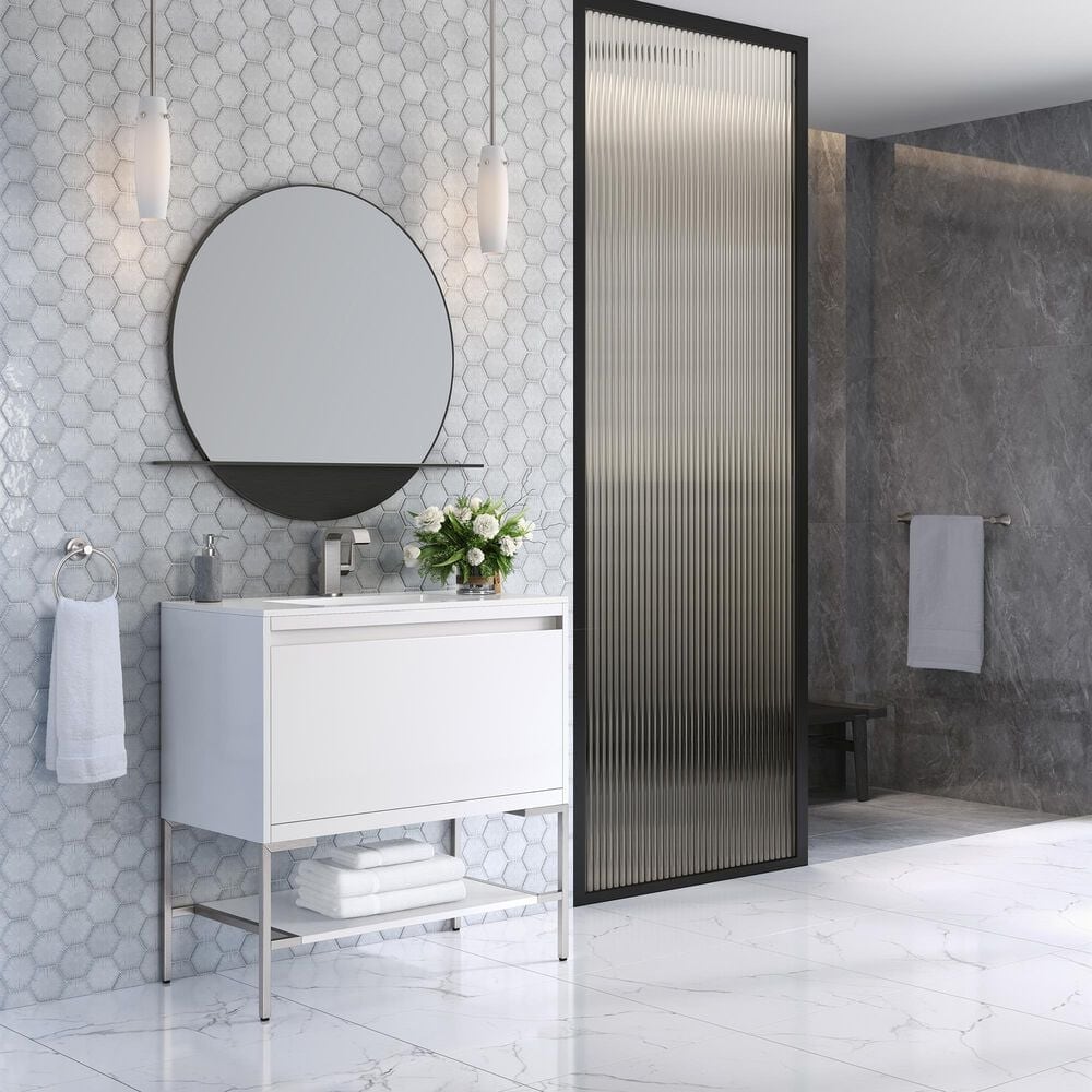 James Martin Vanities Mantova 35.4&quot; Single Bathroom Vanity in Glossy White and Brushed Nickel with 2 cm Glossy White Solid Surface Top and Rectangular Sink, , large