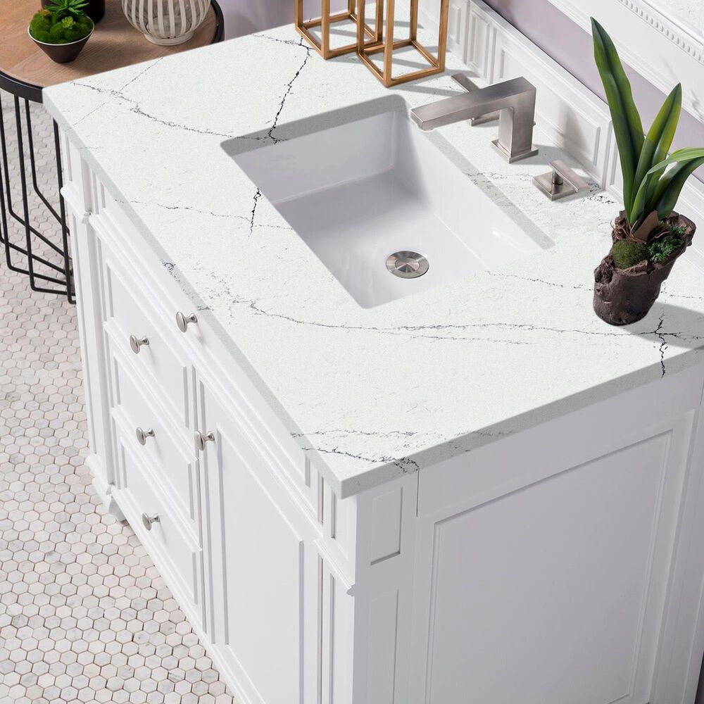 James Martin Vanities Bristol 36&quot; Single Bathroom Vanity in Bright White with 3 cm Ethereal Noctis Quartz Top and Rectangular Sink, , large