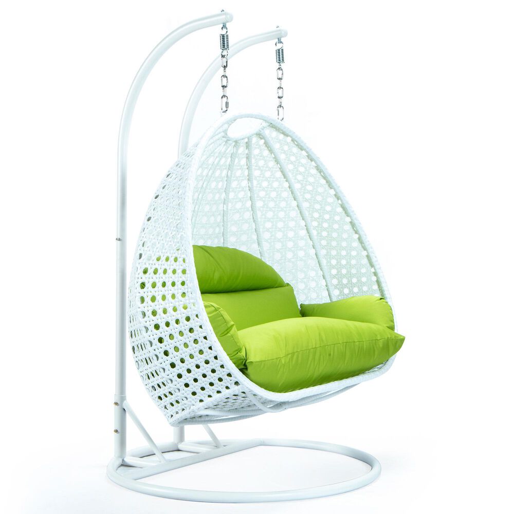 Leisuremod 2-Seat Hanging Egg Swing Chair with Light Green Cushion in White, , large