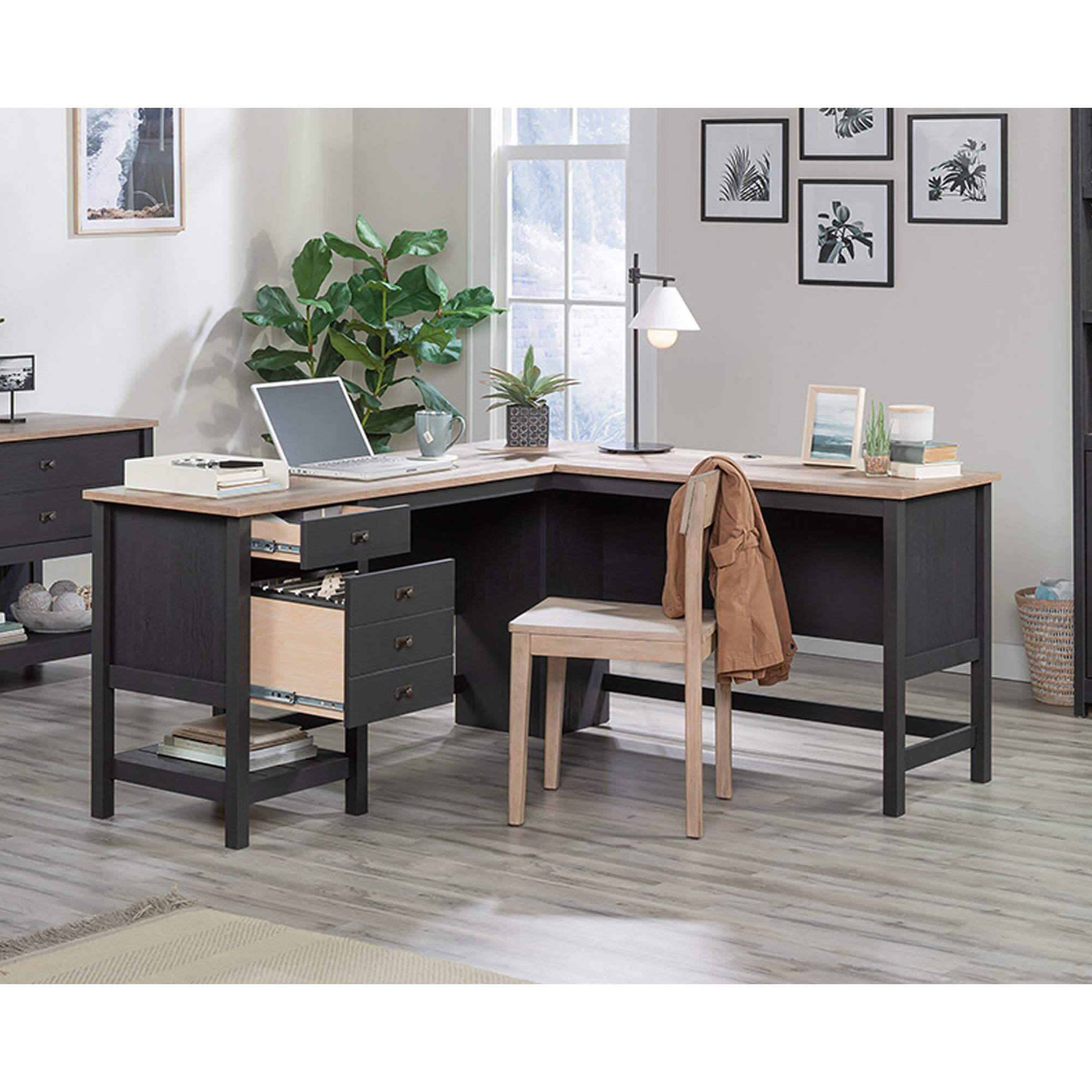 Sauder Cottage Road L-Shaped Desk in Raven Oak and Lintel Oak