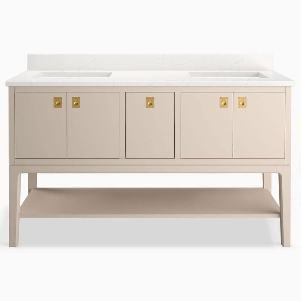 Kohler Seagrove 60" Double Bathroom Vanity in Light Clay with 3 cm White Quartz Top and Rectangular Sinks, , large