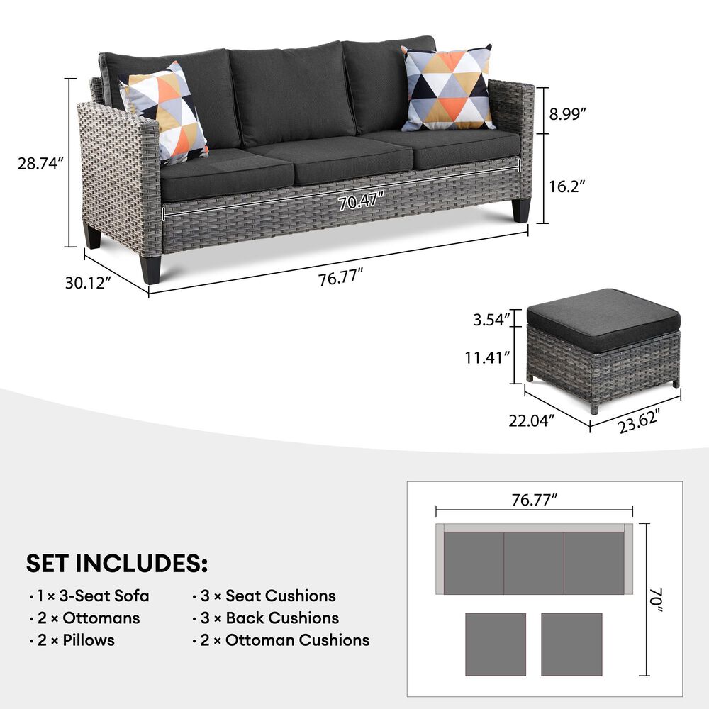 HOMLUX 3-Piece 77" Patio Sofa and Ottoman Set in Black, , large