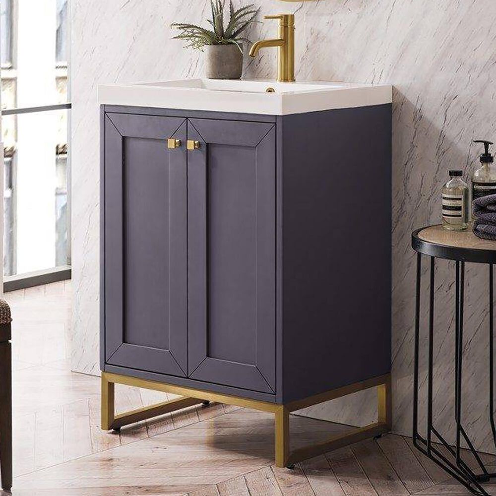 James Martin Chianti 24" Single Bathroom Vanity in Mineral Grey and Radiant Gold with White Glossy Solid Surface Resin Top, , large