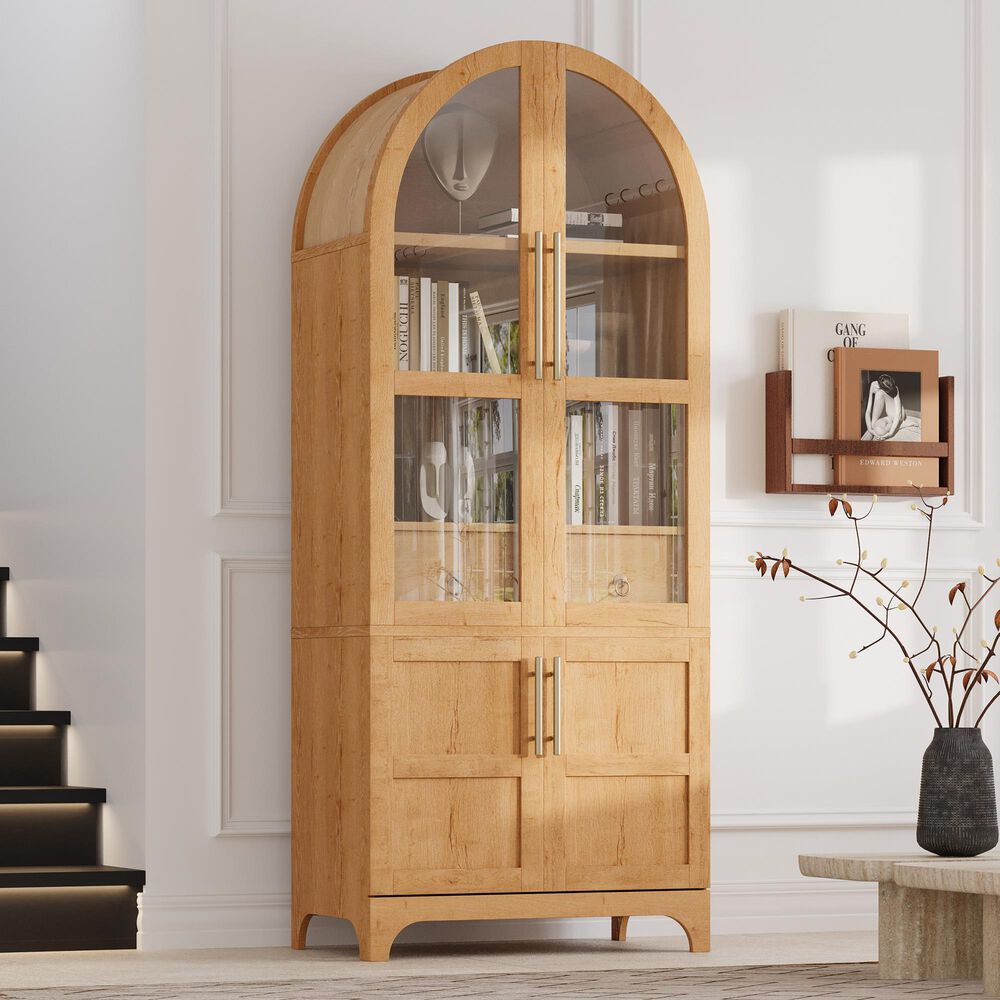 HOMLUX HOMLUX 71" Tall Arched Kitchen Pantry Cabinet with Door Shelves, Farmhouse Kitchen Storage Cabinet with Open &amp; Adjustable Shelves, Hidden Drawer &amp; Glass Door, Cupboard for Kitchen, Dining Room, Natural, , large