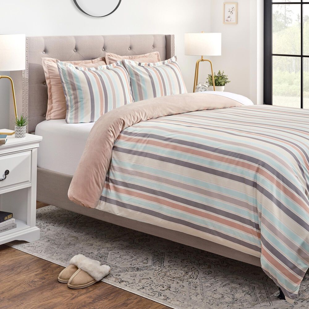 5-Piece Queen Duvet Set in Pastel Stripe Pink, , large