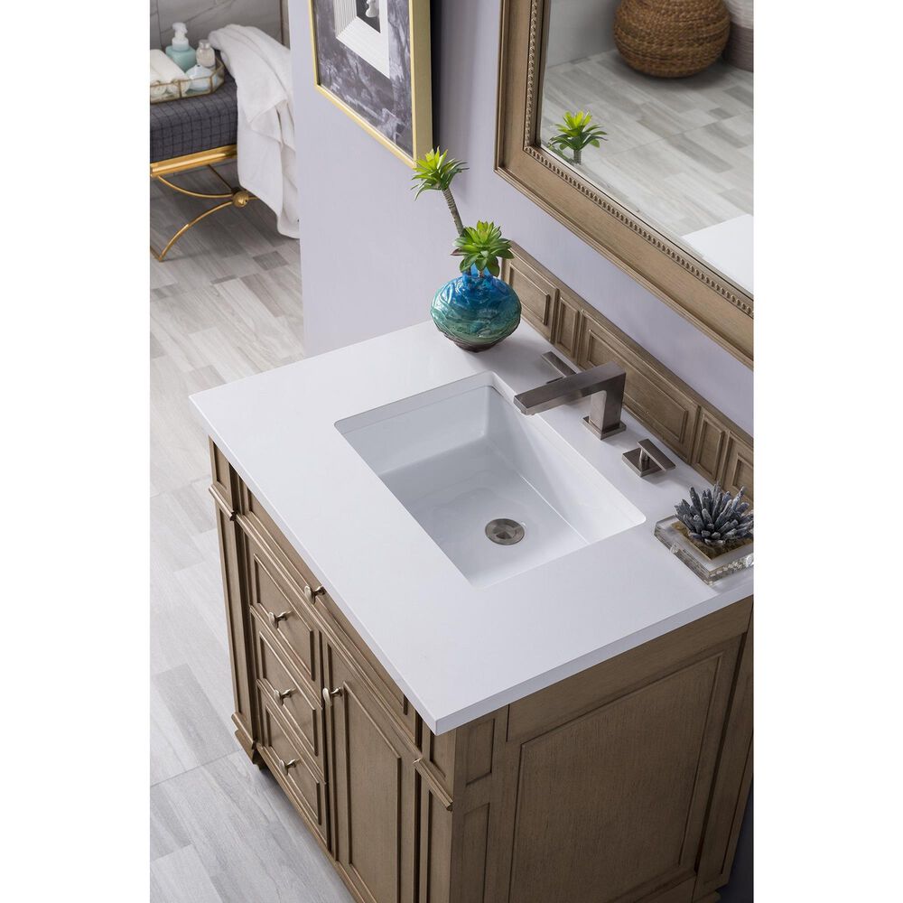 James Martin Vanities Bristol 30&quot; Single Bathroom Vanity in White Washed Walnut with 3 cm White Zeus Quartz Top and Rectangular Sink, , large