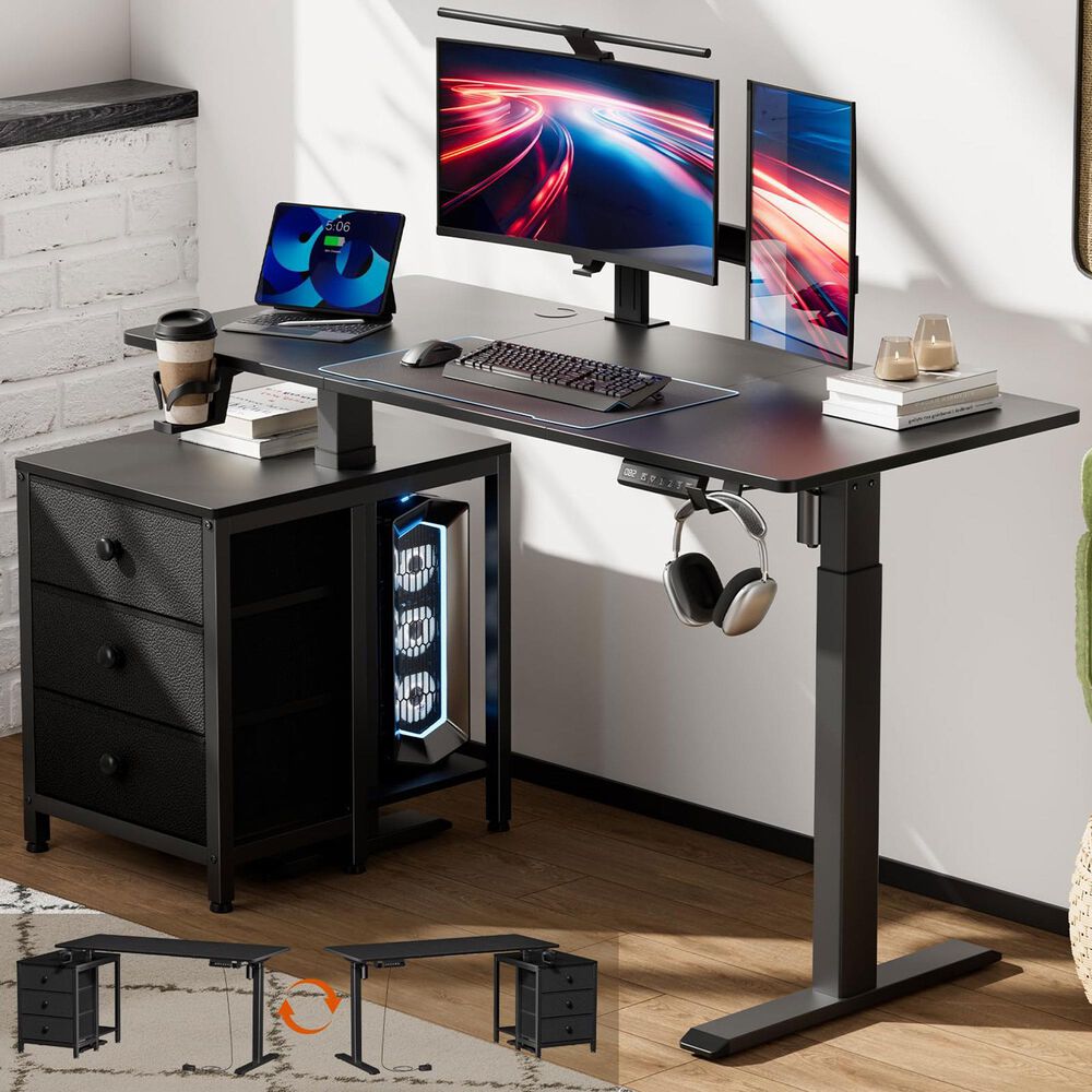 HOMLUX 47" Height-Adjustable Sit-Stand Computer Desk with Printer Cabinet in Black, , large