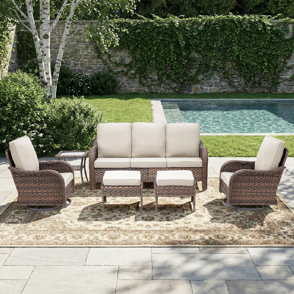 Sunwell Garden 6-Piece Patio Chat Set Two Ottomans in Beige, , large