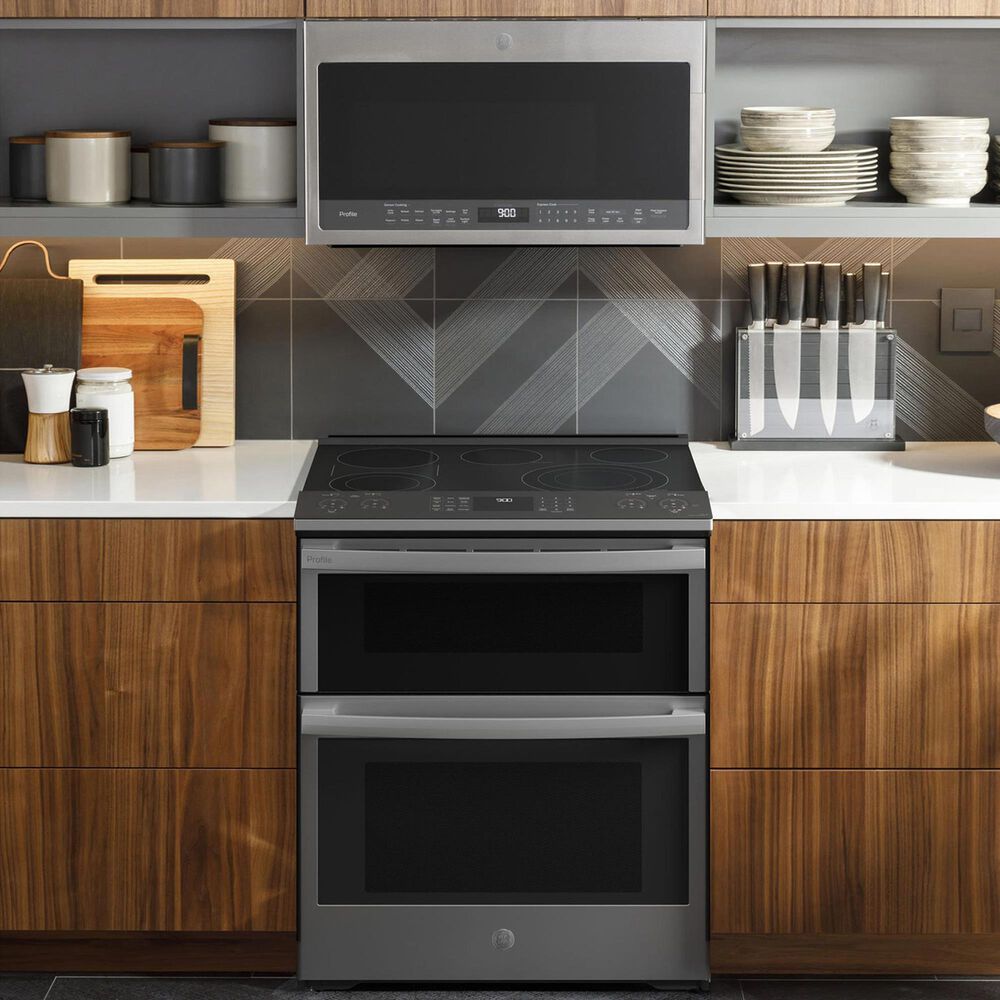 GE Profile 2-Piece Kitchen Package with 30" Smart Slide-in Electric Double Oven Range and 2.1 Cu. Ft. Over-the-Range Sensor Microwave Oven in Stainless Steel, , large