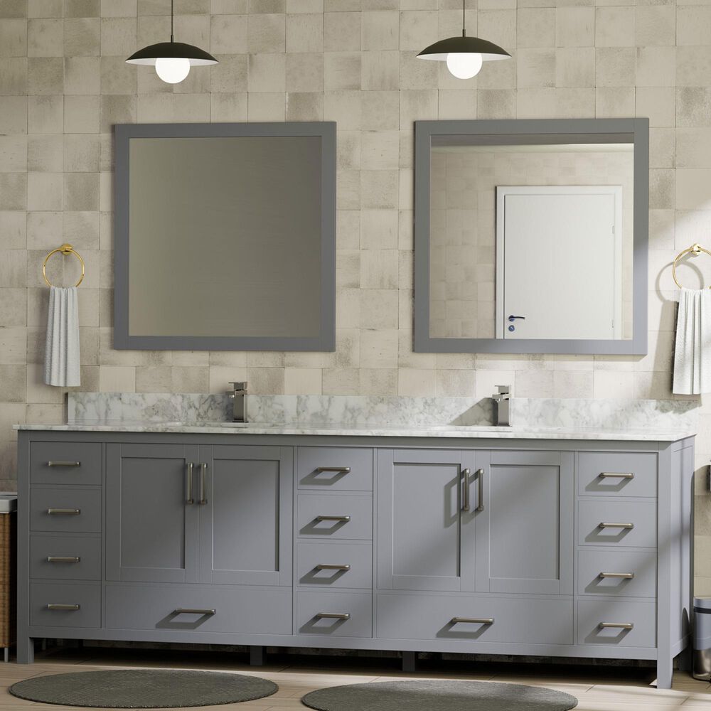 Lexora Home Jacques 84&quot; Double Bathroom Vanity in Dark Grey with 2 cm White Carrara Marble Top and Rectangular Sinks, , large