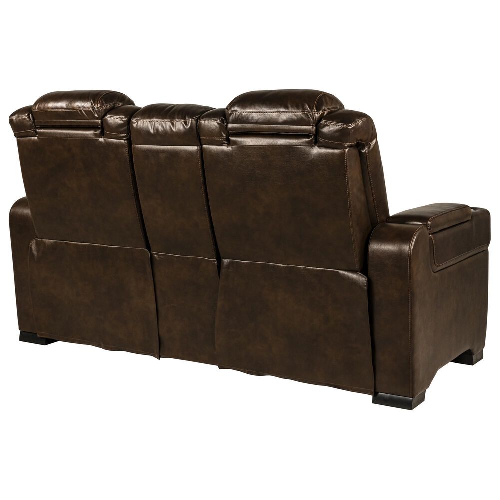 Frankfurt Furniture Leather Power Reclining Console Loveseat with Power Headrest in Brown, , large