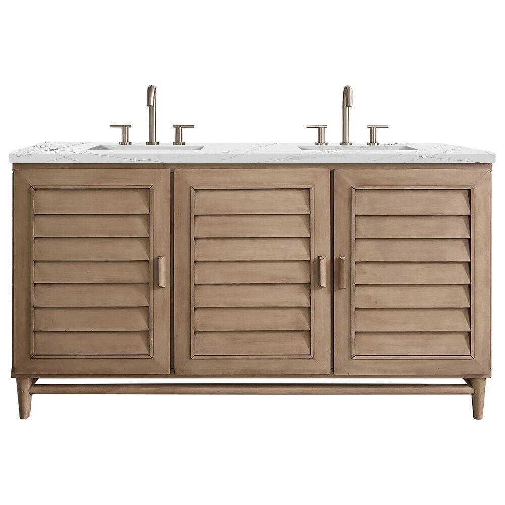 James Martin Vanities Portland 60" Double Bathroom Vanity in Whitewashed Walnut with 3 cm Ethereal Noctis Quartz Top and Rectangular Sinks, , large