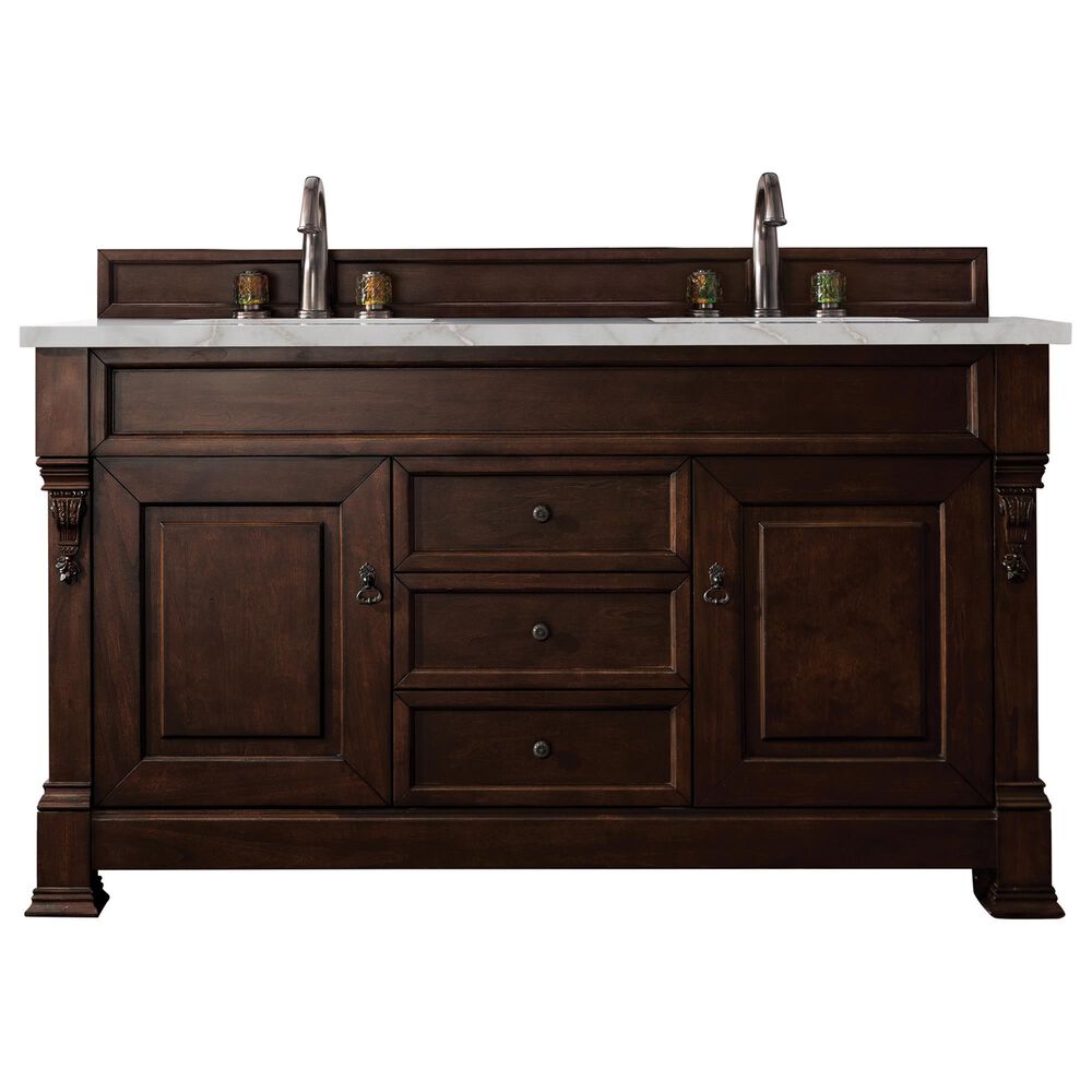 James Martin Vanities Brookfield 60" Double Bathroom Vanity in Burnished Mahogany with 3 cm Lime Delight Quartz Top and Rectangular Sinks, , large