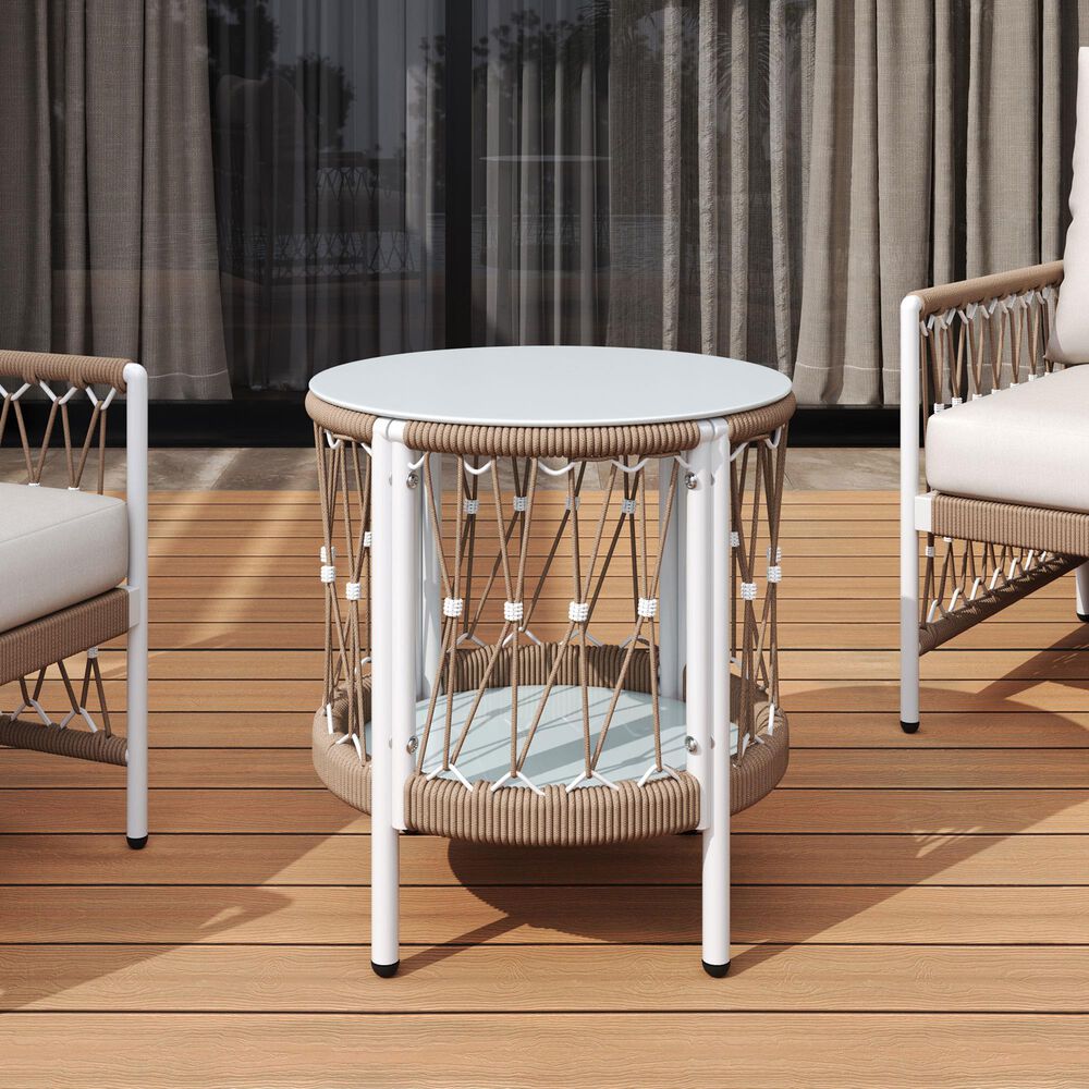 Hearth and Haven Outdoor Handwoven Rope Side Table with Glass Top in Beige and Natural, , large