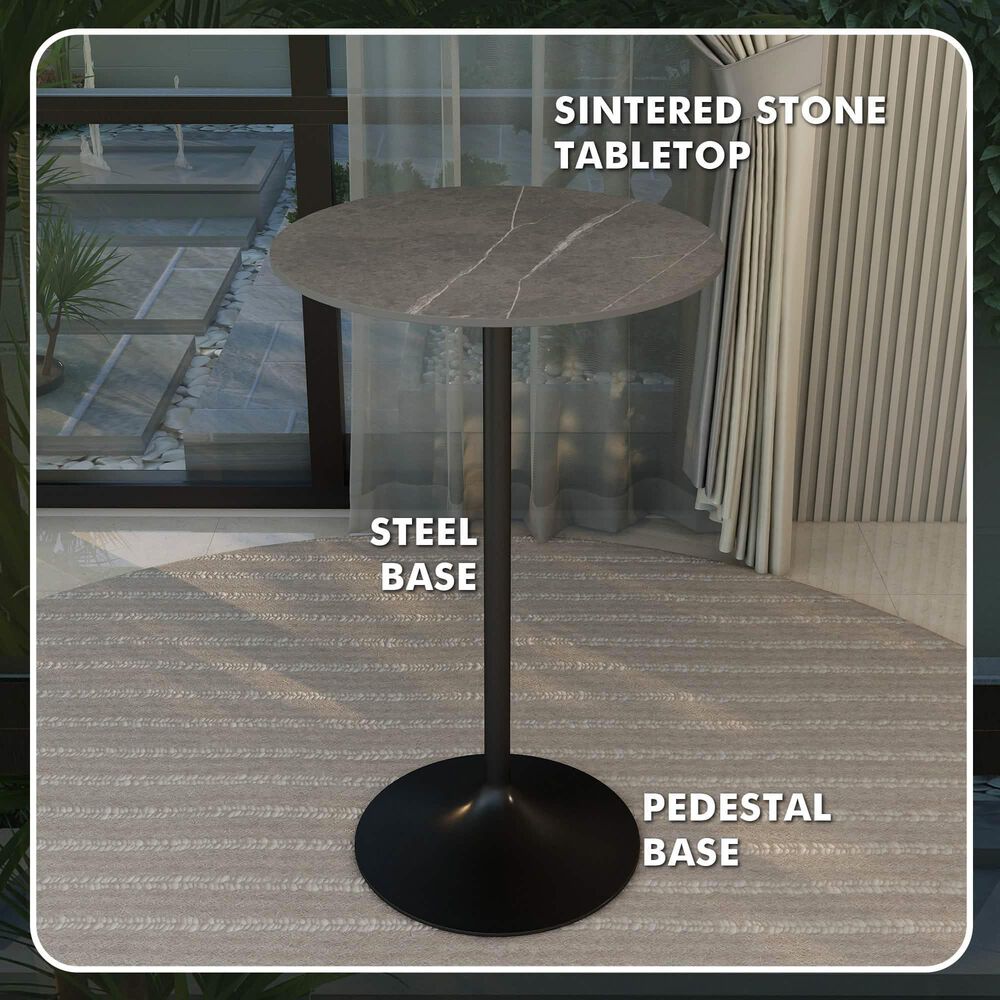 Leisuremod LeisureMod Verve Collection Modern Bar Height Table Black Base with 27 Round Marble Grey Sintered Stone Top, , large