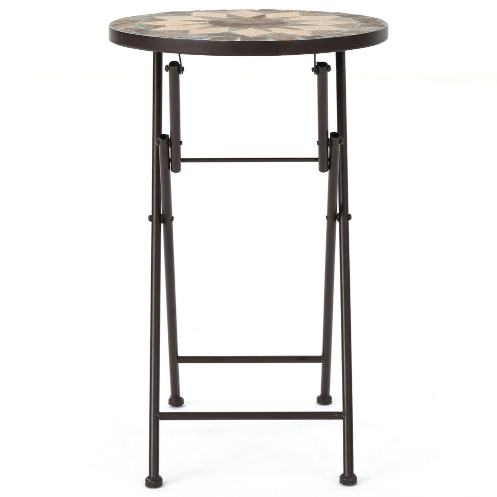 Hearth and Haven Silvester Outdoor Round Folding End Table in Beige and Black, , large
