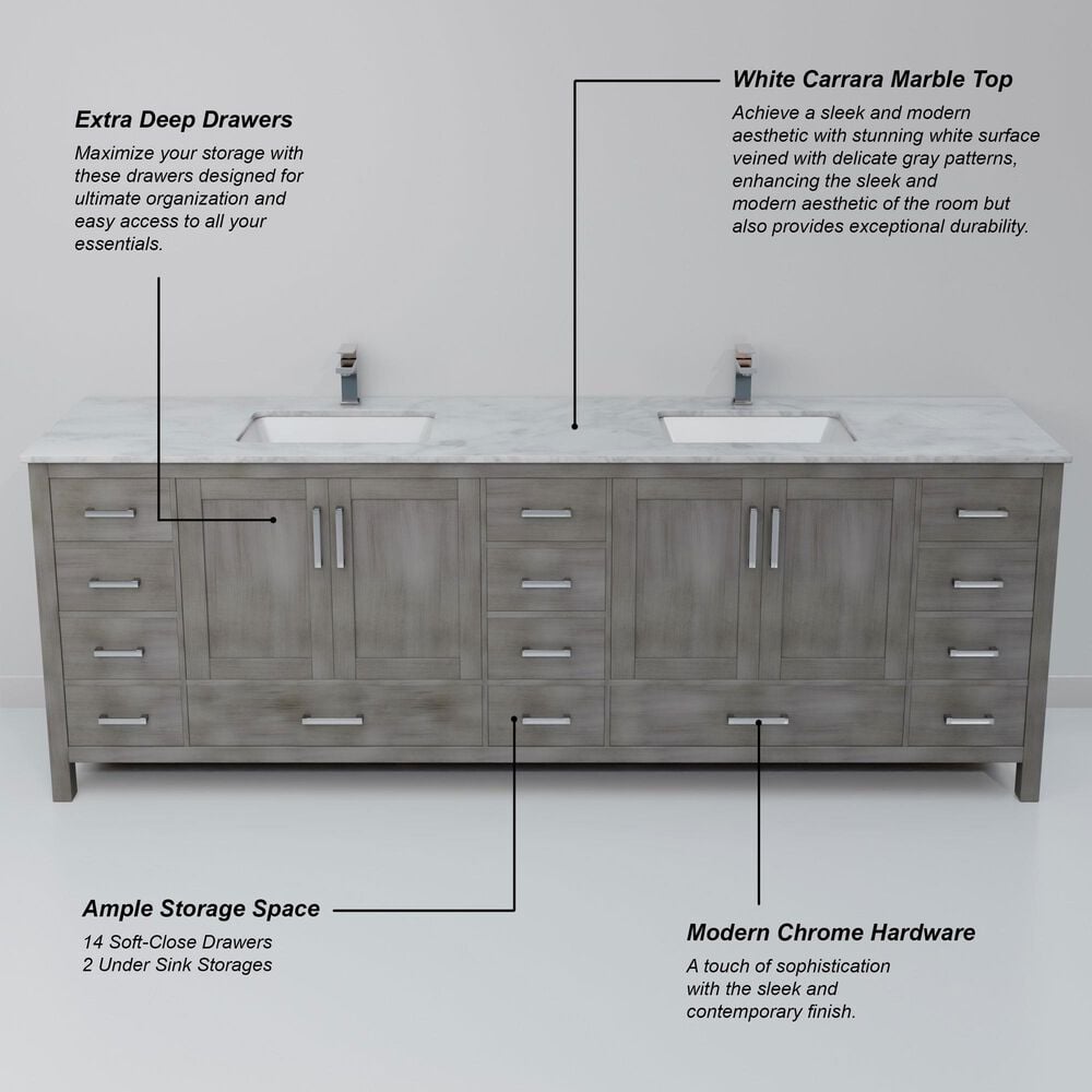 Lexora Home Jacques 84" Double Bathroom Vanity in Distressed Grey with 2 cm White Carrara Marble Top and Rectangular Sinks, , large