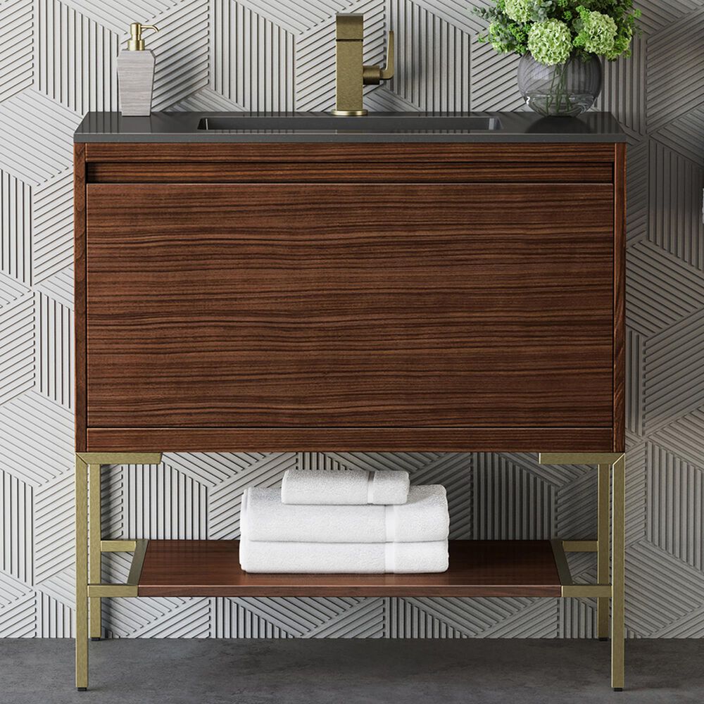 James Martin Vanities Mantova 35.4&quot; Single Vanity in Mid-Century Walnut and Champagne Brass with 3 cm Charcoal Black Composite Stone Top and Rectangular Sink, , large