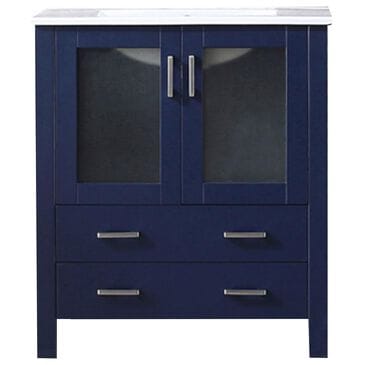 Lexora Home Volez 30" Single Bathroom Vanity in Navy Blue with 2 cm White Ceramic Top and Rectangular Sink, , large