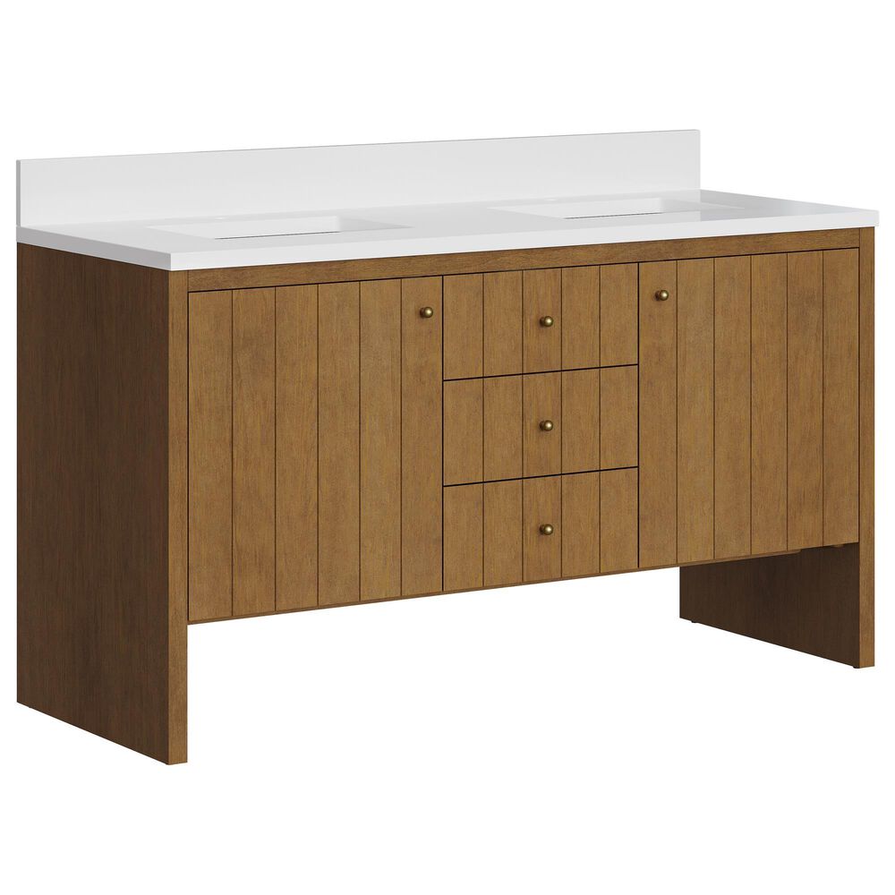 James Martin Hudson 60" Double Bathroom Vanity in Honey Oak with Single Hole 3 cm White Zeus Silestone Top and Rectangular Sinks, , large