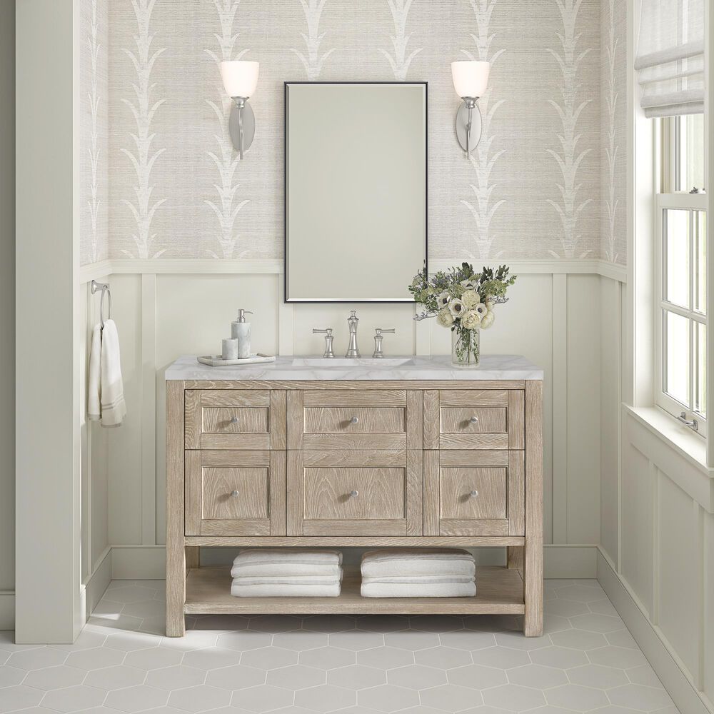 James Martin Vanities Breckenridge 48" Single Bathroom Vanity in Whitewashed Oak with 3 cm Eternal Jasmine Pearl Silestone Top, Rectangular Sink and FreePower Wireless Charger, , large