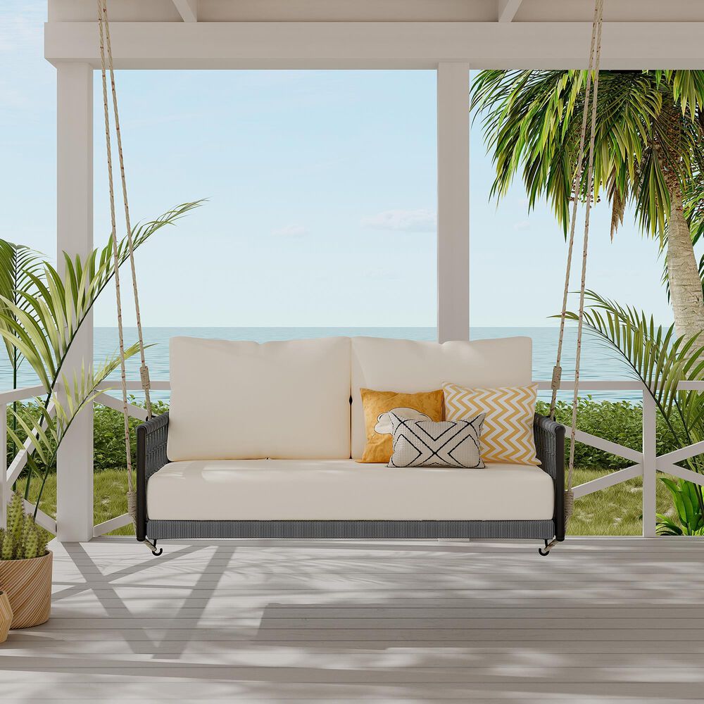 HOMLUX Patio Woven Rope Swing Sofa with Black Steel in Beige, , large