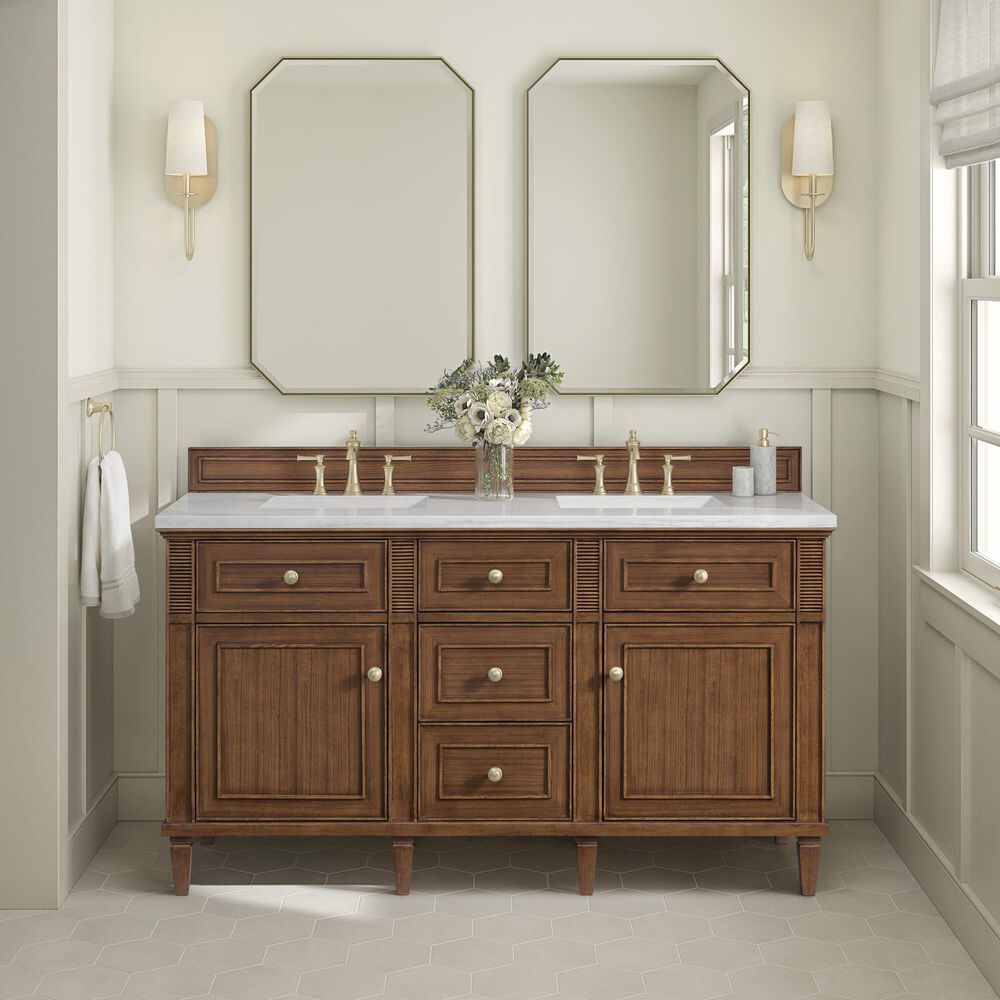 James Martin Vanities Lorelai 60&quot; Double Vanity in Mid-Century Walnut with 3 cm Arctic Fall Solid Surface Top, , large