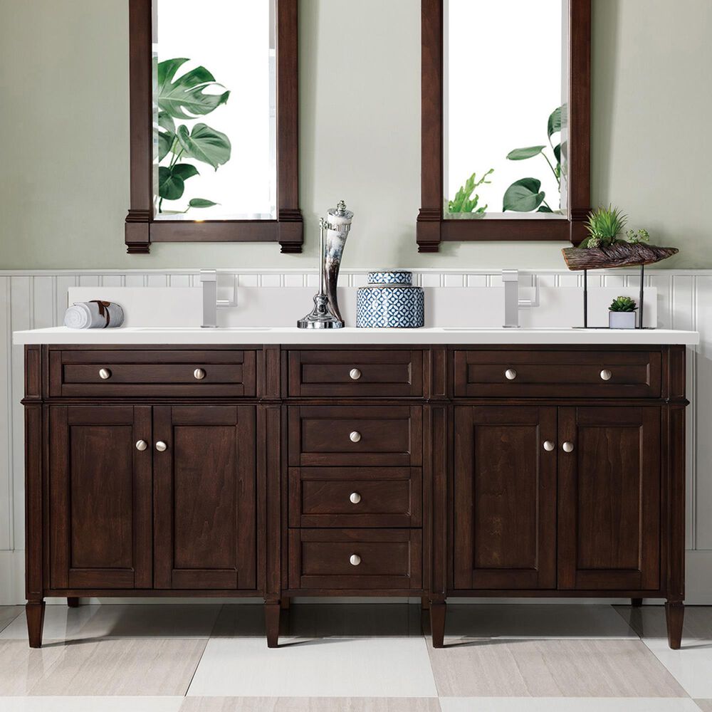 James Martin Vanities Brittany 72&quot; Double Bathroom Vanity in Burnished Mahogany with 3 cm White Zeus Quartz Top and Rectangular Sinks, , large