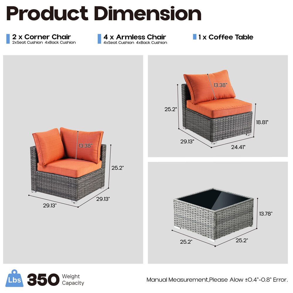 HOMLUX 7-Piece Patio Conversation Set with Grey Wicker in Orange Red, , large