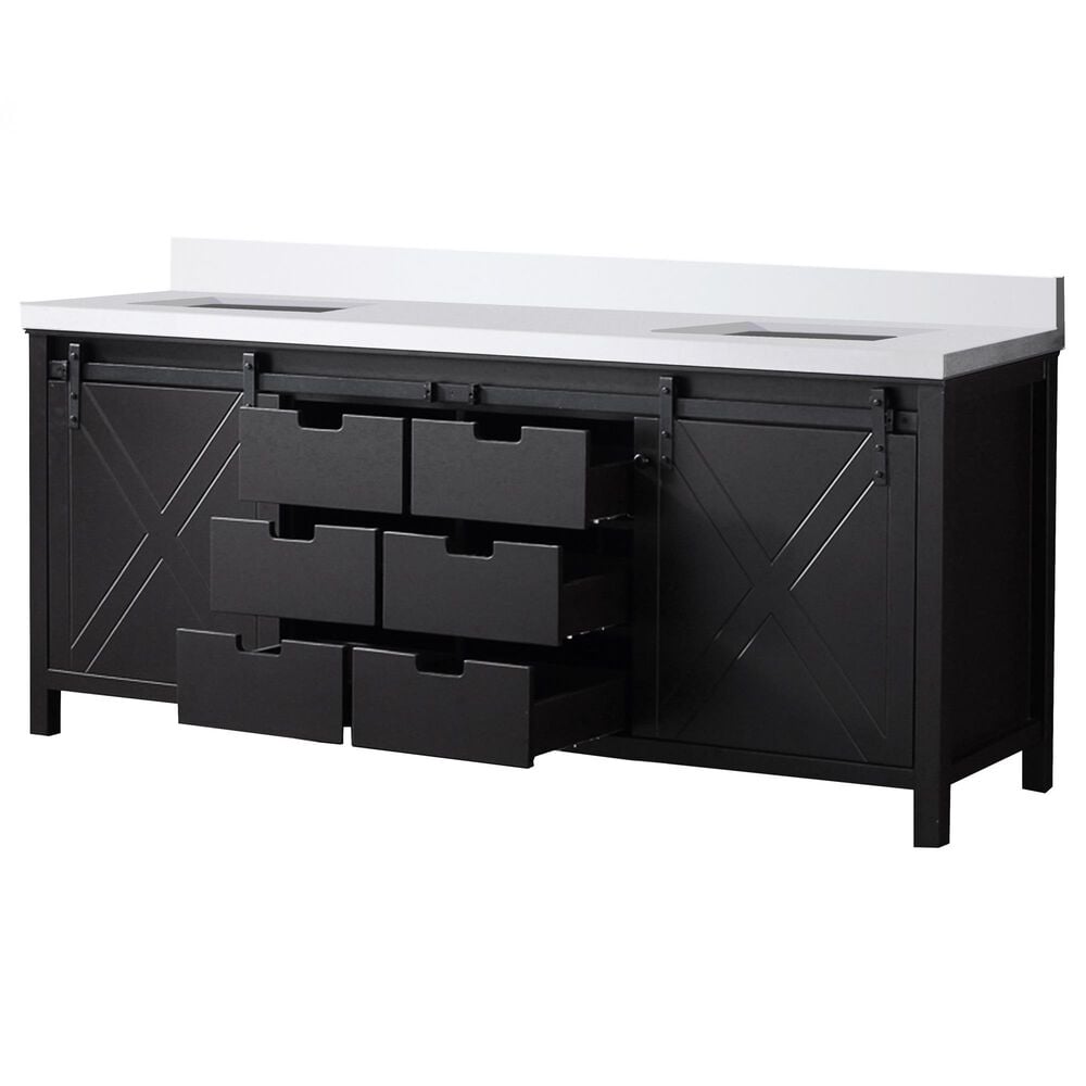Lexora Home Marsyas 80&quot; Double Bathroom Vanity in Brown with 2 cm White Cultured Marble Top and Rectangular Sinks, , large