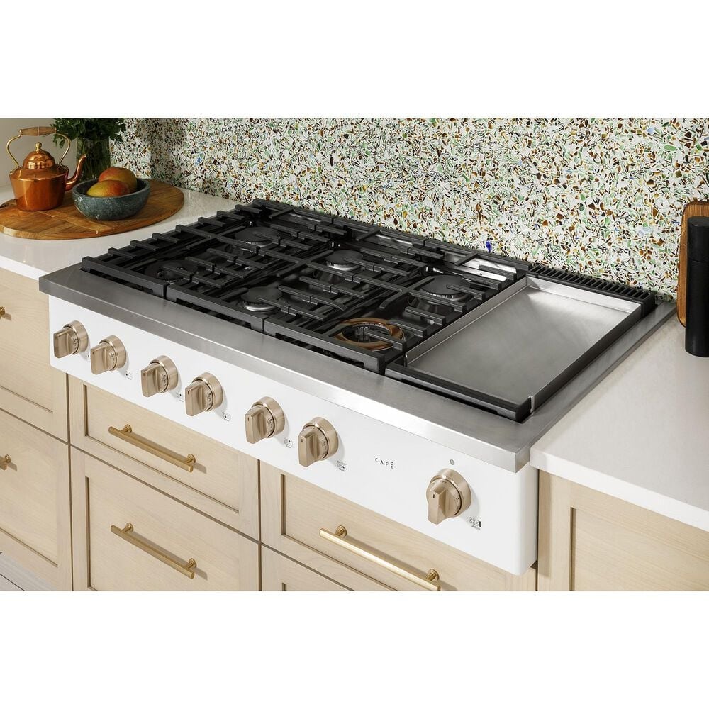 Cafe 48&quot; Natural Gas Rangetop with Integrated Griddle in Matte White and Brushed Bronze, , large